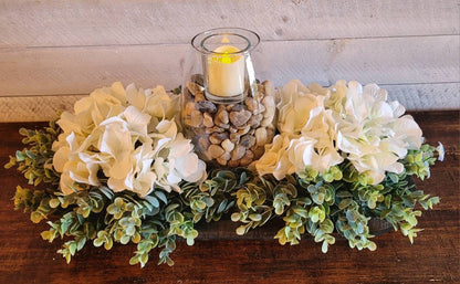 Hydrangea Candle Arrangement Black Dough Bowl Centerpiece Farmhouse Table Decor White Floral Display Rustic Wooden Container Votive Light Accent Earth Tone Rocks Decorative Home Design Seventeen Inch Length Traditional Style Piece Ready