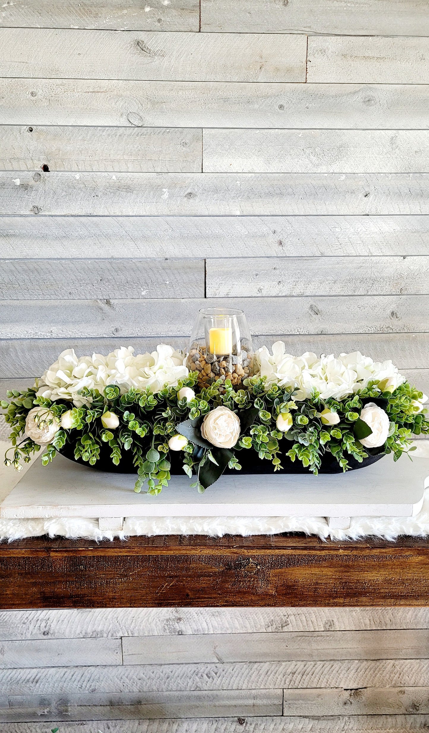 Dough Bowl Centerpiece – Handcrafted Farmhouse Floral Arrangement with Faux Hydrangeas