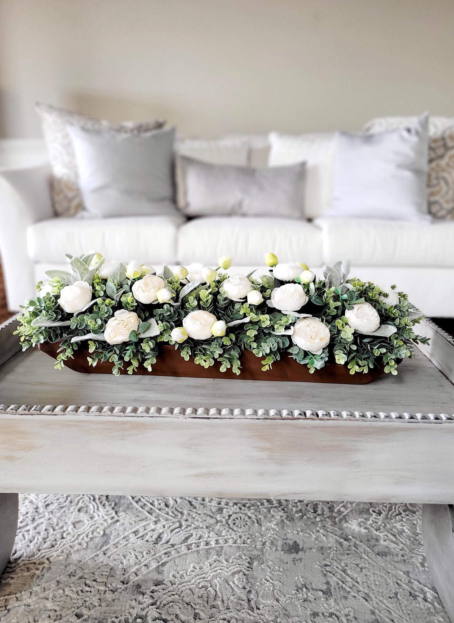 Farmhouse Table Centerpiece – Long Wooden Box with Faux Peonies