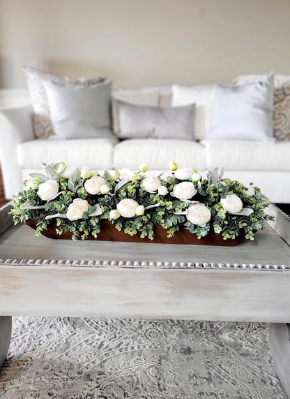 Farmhouse Table Centerpiece – Long Wooden Box with Faux Peonies
