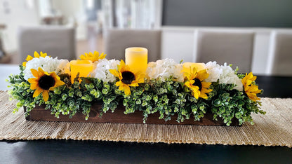 Sunflower Fall Table Arrangement Fall Sunflower Faux White Hydrangea Arrangement Dining Fall Decor Flame-less Candle Fall Table Decor Fall