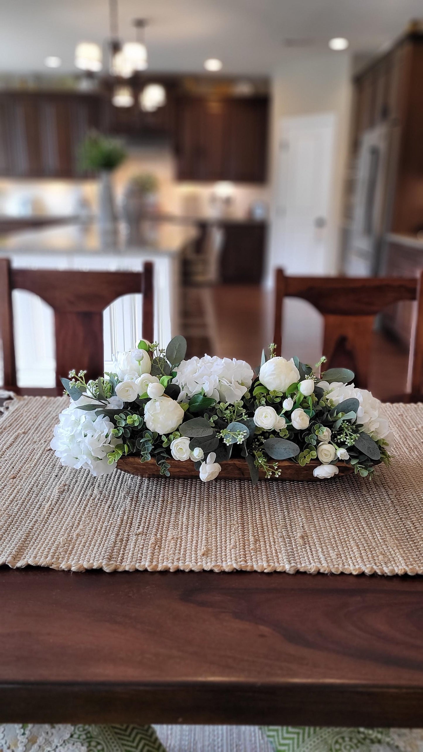 Dining Table Centerpiece – Silk Roses Peonies Hydrangeas in Dough Bowl