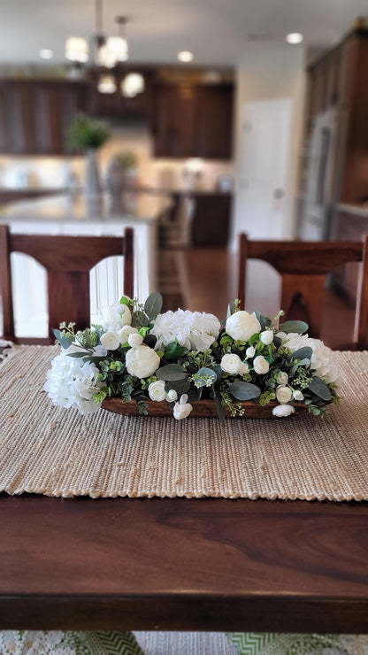 Dining Table Centerpiece – Silk Roses Peonies Hydrangeas in Dough Bowl