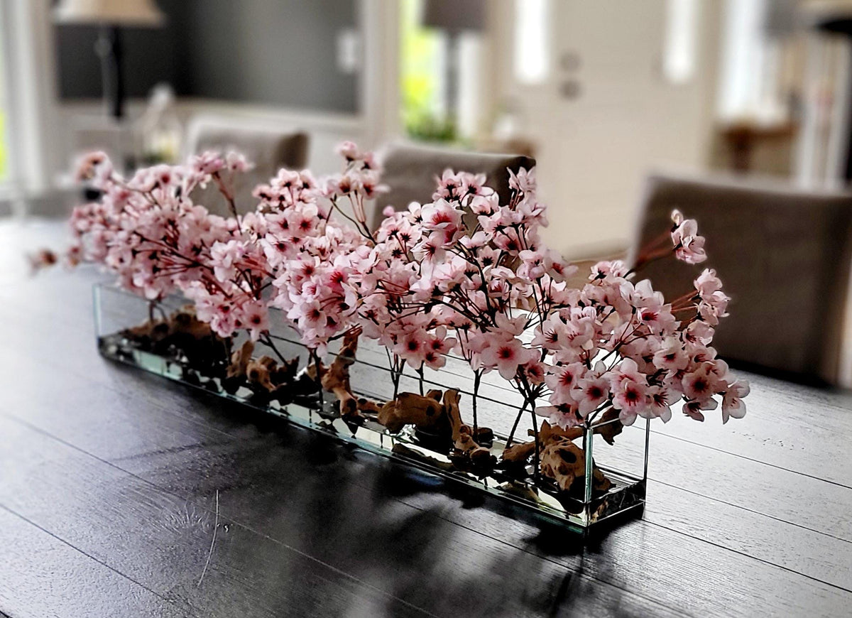 Silk Peony Centerpiece Artificial Flower Arrangement Modern Glass Vase Display Elegant Table Decoration Realistic Floral Design Contemporary Home Accent Dining Table Styling Coffee Table Decor Faux Cherry Blossoms Driftwood Accents