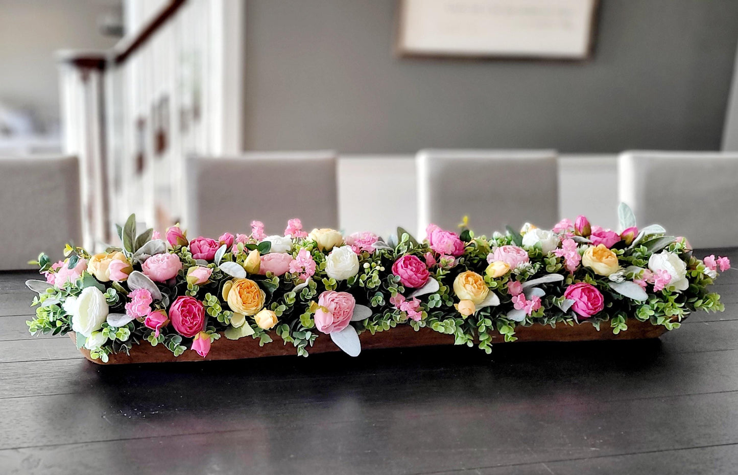 Rustic Table Centerpiece Handcarved Dough Bowl Farmhouse Wooden Display Peony Flower Arrangement Faux Greenery Design Large Statement Piece Thirty Inch Long Feature Customizable Wood Finish Country Style Decor Dining Room Accent Kitchen