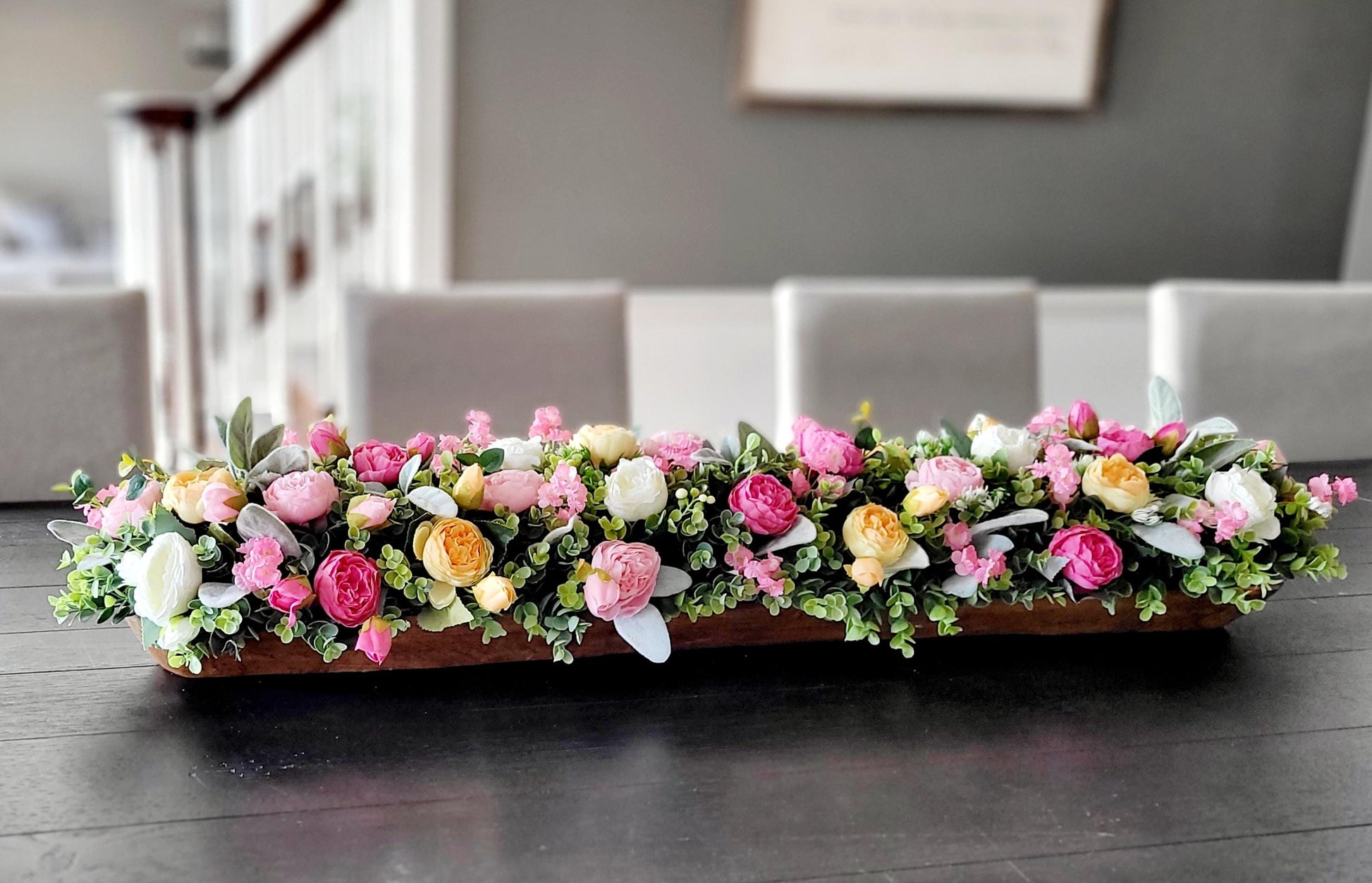 Rustic Table Centerpiece Handcarved Dough Bowl Farmhouse Wooden Display Peony Flower Arrangement Faux Greenery Design Large Statement Piece Thirty Inch Long Feature Customizable Wood Finish Country Style Decor Dining Room Accent Kitchen