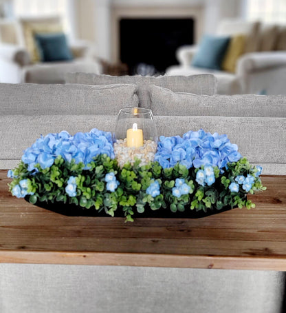 Candle Centerpiece Candle Arrangement Farmhouse Decor Blue Hydrangea Arrangement Greenery Arrangement Rustic Table Decor Dining table
