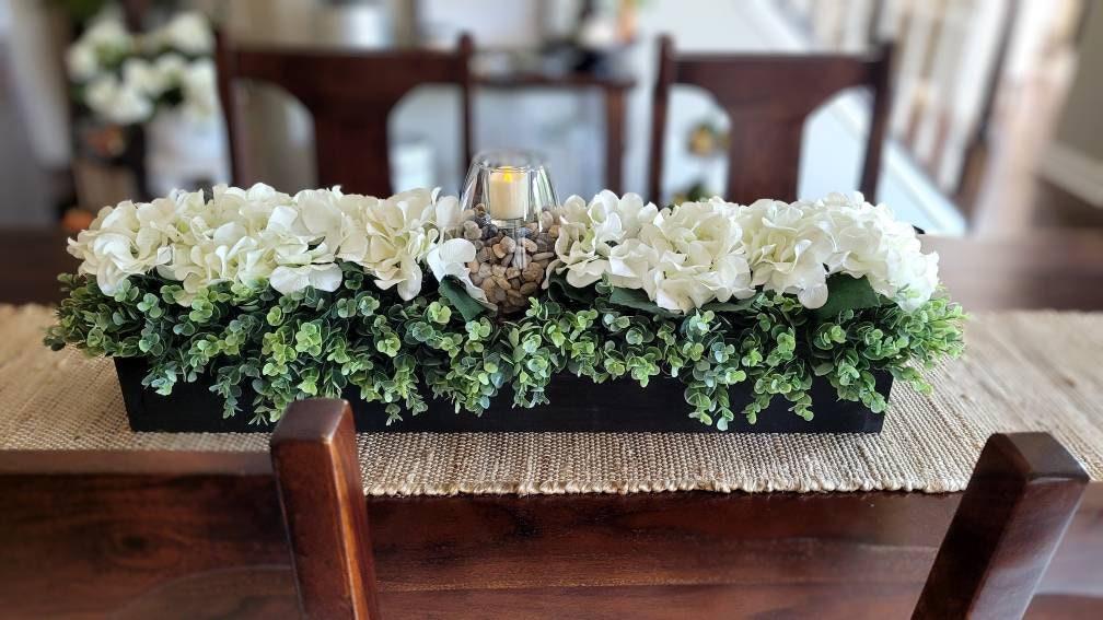 Hydrangea Wood Box Centerpiece For Dining Table Centerpiece For Dining Table Flower Arrangement Mantel Centerpiece Flowers Hydrangea Flower