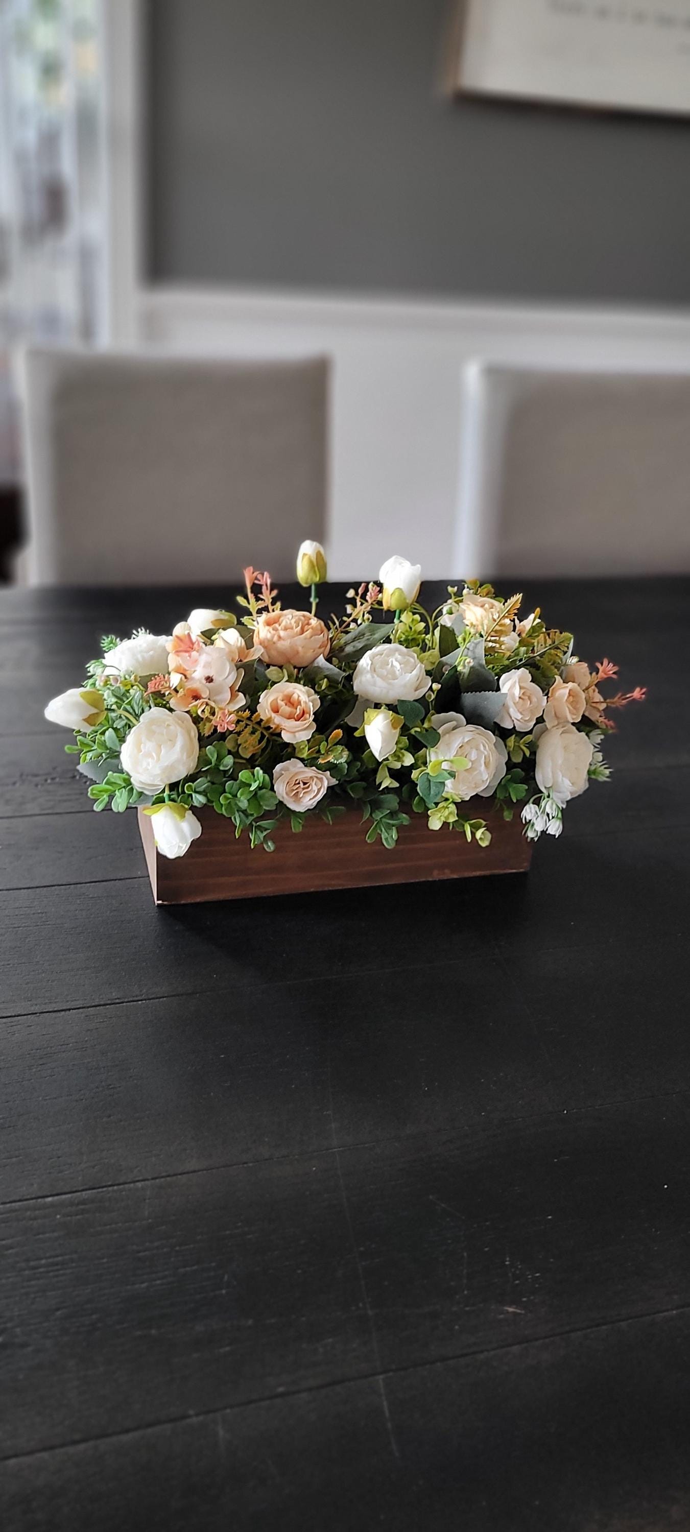 Rustic Table Centerpiece – Farmhouse Wood Box with Silk Flowers and Greenery