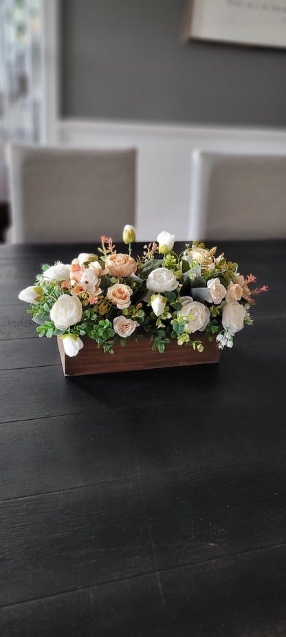 Rustic Table Centerpiece – Farmhouse Wood Box with Silk Flowers and Greenery