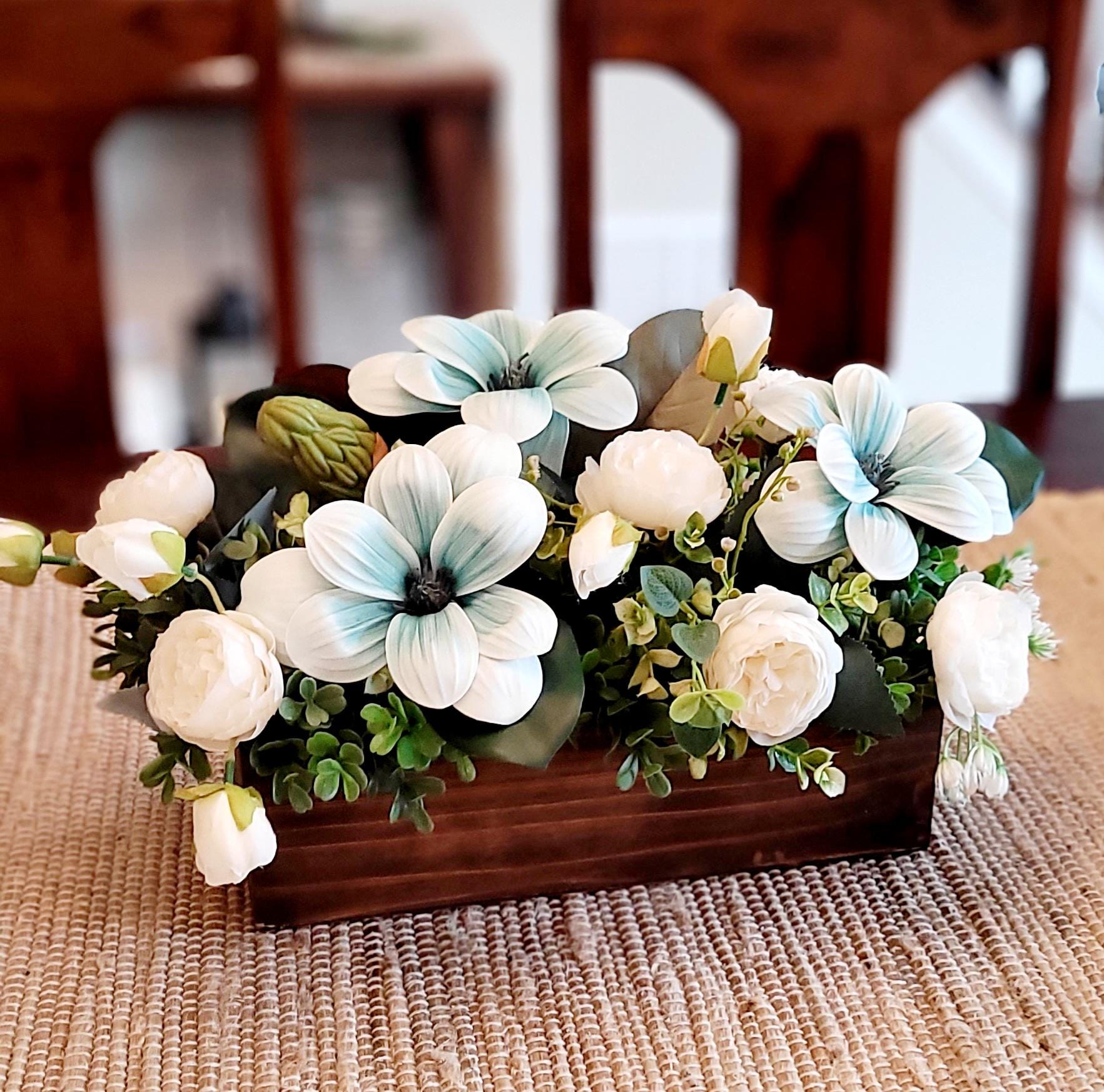 Dining Table Centerpiece Rustic Wood Box Custom Built Design Elegant Home Decor Magnolia Peony Silk Flower Arrangement Artificial Greenery Teal Accent Details Farmhouse Style Table Decoration Perfect Dining Room Accent Sophisticated Floral