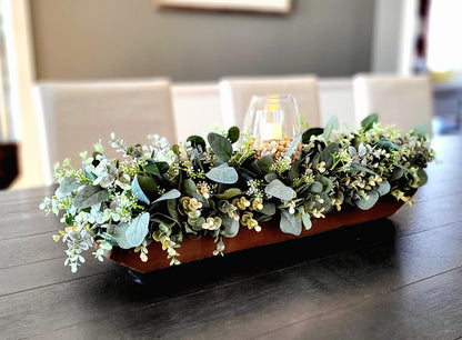 Wooden Bowl Centerpiece Farmhouse Style Arrangement Artificial Eucalyptus Display Rustic Table Decor Natural Looking Greenery Collection Dining Room Accent Perfect Home Decoration Glass Hurricane Candle Feature Beautiful Table Setting