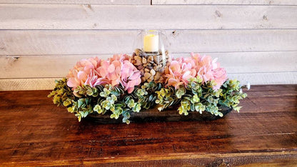 Rustic Wood Floral Centerpiece Hydrangea Farmhouse Dough Bowl Pink Hydrangea Farmhouse Arrangement Candle Centerpiece Dough Bowl Decor