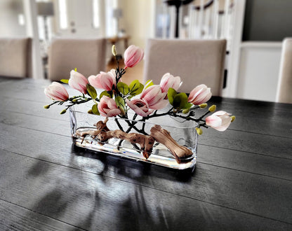 Glass Vase Centerpiece Faux Orchid Arrangement Sophisticated Table Decoration Realistic Silk Flowers Elegant Home Accent Botanical Display Artificial Greenery Collection Modern Design Elements Driftwood Accents Quality Resin Construction