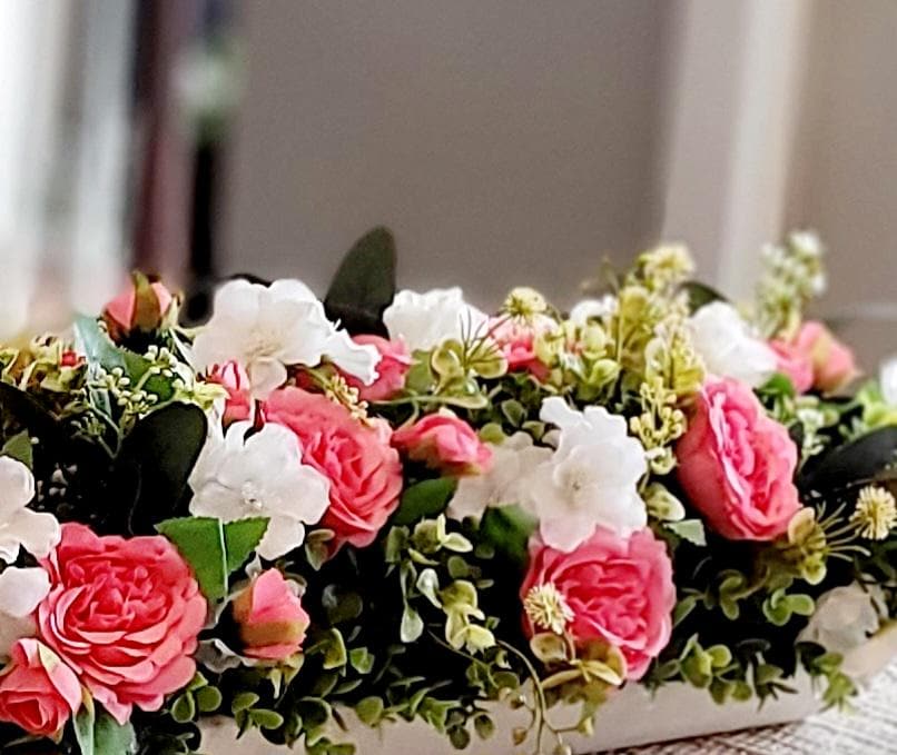 Elegant Floral Centerpiece Artificial Rose Arrangement Pink White Flower Design Wooden Dough Bowl Container Beautiful Table Accent Long Narrow Shape Perfect Dining Decor Silk Faux Roses Realistic Looking Display Timeless Style Home