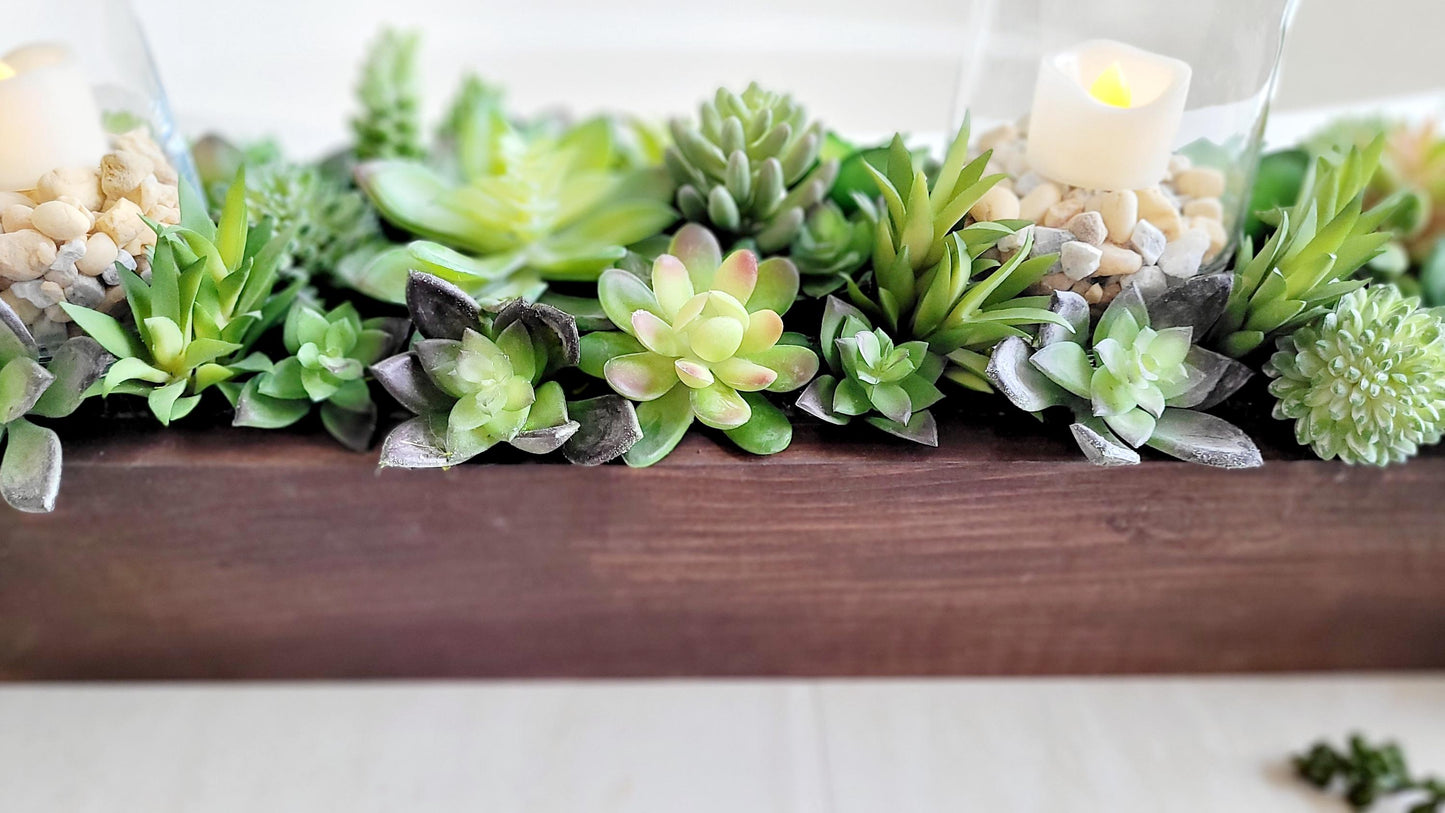 Farmhouse style long 25” Spring table arrangement in wood planter box Spring succulents in wood box mantle box Succulents arrangement