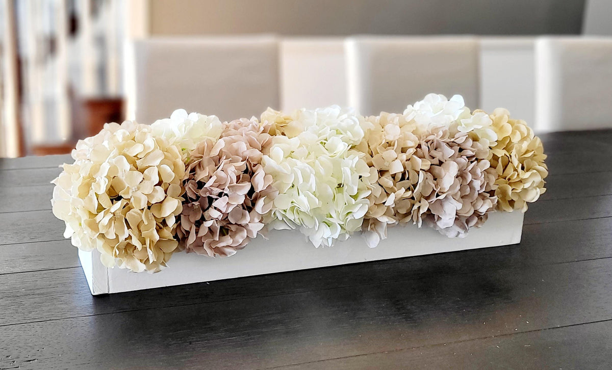 Dining Table Centerpiece – White Hydrangea Floral Arrangement in Farmhouse Box