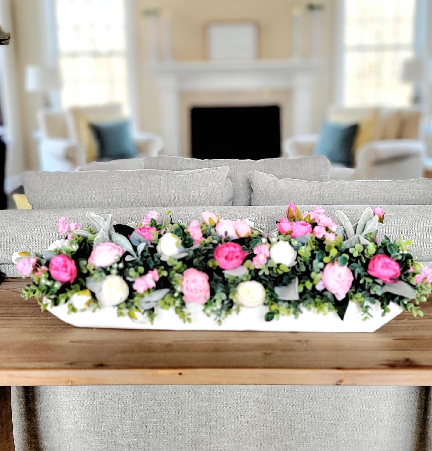 pink white decor pink wedding floral arrangement peony dough bowl dining room table arrangement Pink flower decorations spring decor mantle
