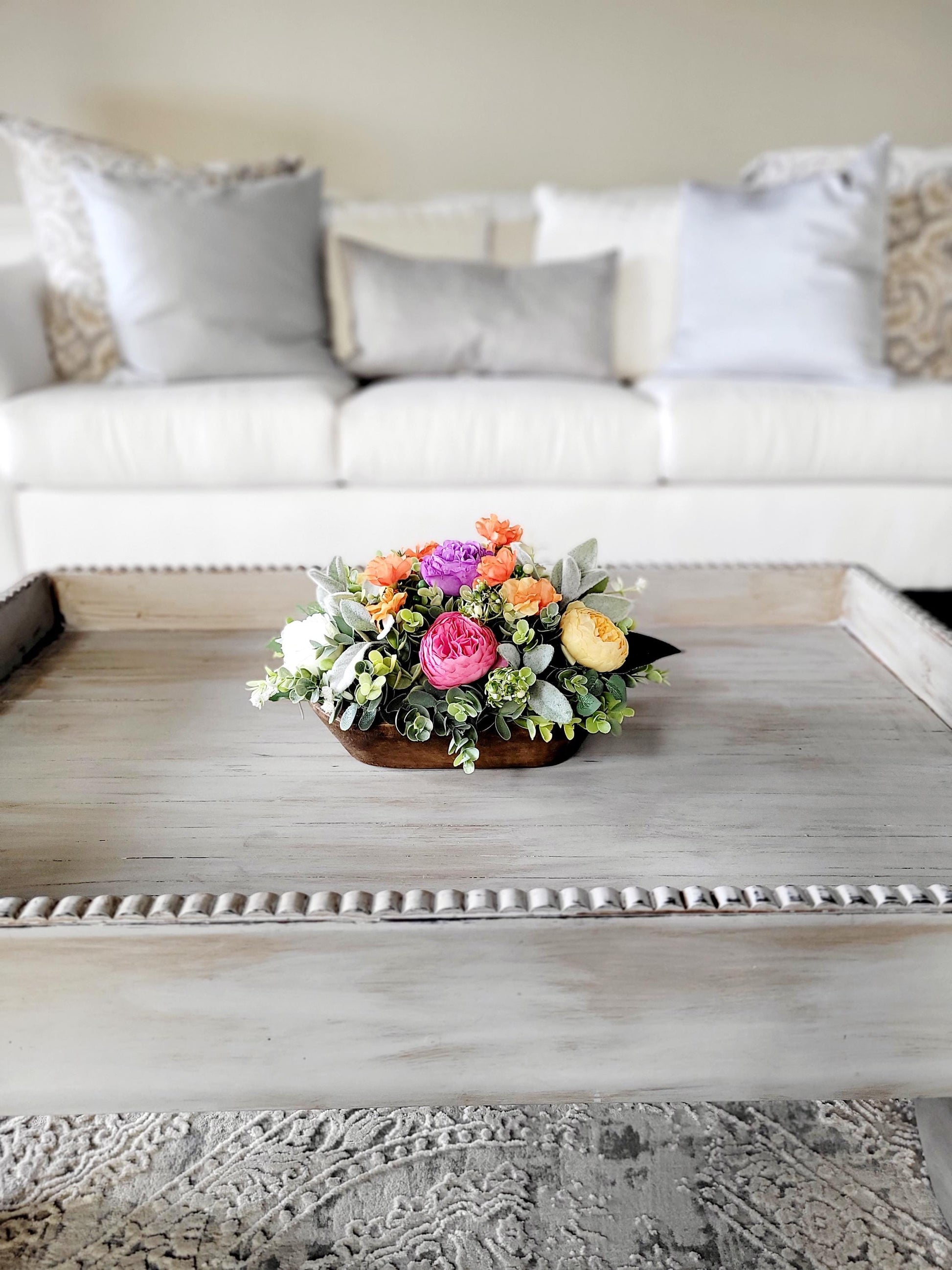 Realistic Cream Peonies Arrangement Handcarved Wooden Bowl Centerpiece Farmhouse Table Decor Faux Floral Display Rustic Home Accent Natural Wood Dough Bowl Traditional Style Decoration Elegant Dining Room Accessory Perfect Statement Piece