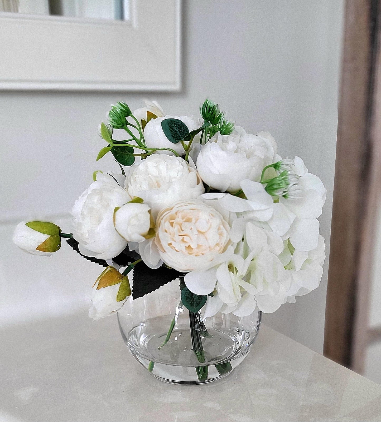 Silk Peony Arrangement – Glass Vase Realistic Spring Centerpiece