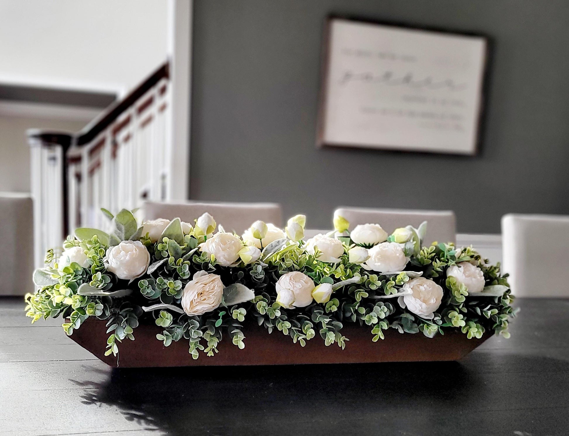 Farmhouse Table Centerpiece Wooden Box Arrangement Faux Peony Display Custom Stained Wood Rustic Design Silk Flowers Artificial Greenery Beautiful Home Accent Dining Table Decor Kitchen Counter Styling Spring Decoration Mantle Accent Piece