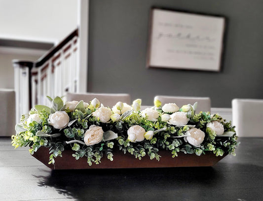 Farmhouse Table Centerpiece Wooden Box Arrangement Faux Peony Display Custom Stained Wood Rustic Design Silk Flowers Artificial Greenery Beautiful Home Accent Dining Table Decor Kitchen Counter Styling Spring Decoration Mantle Accent Piece