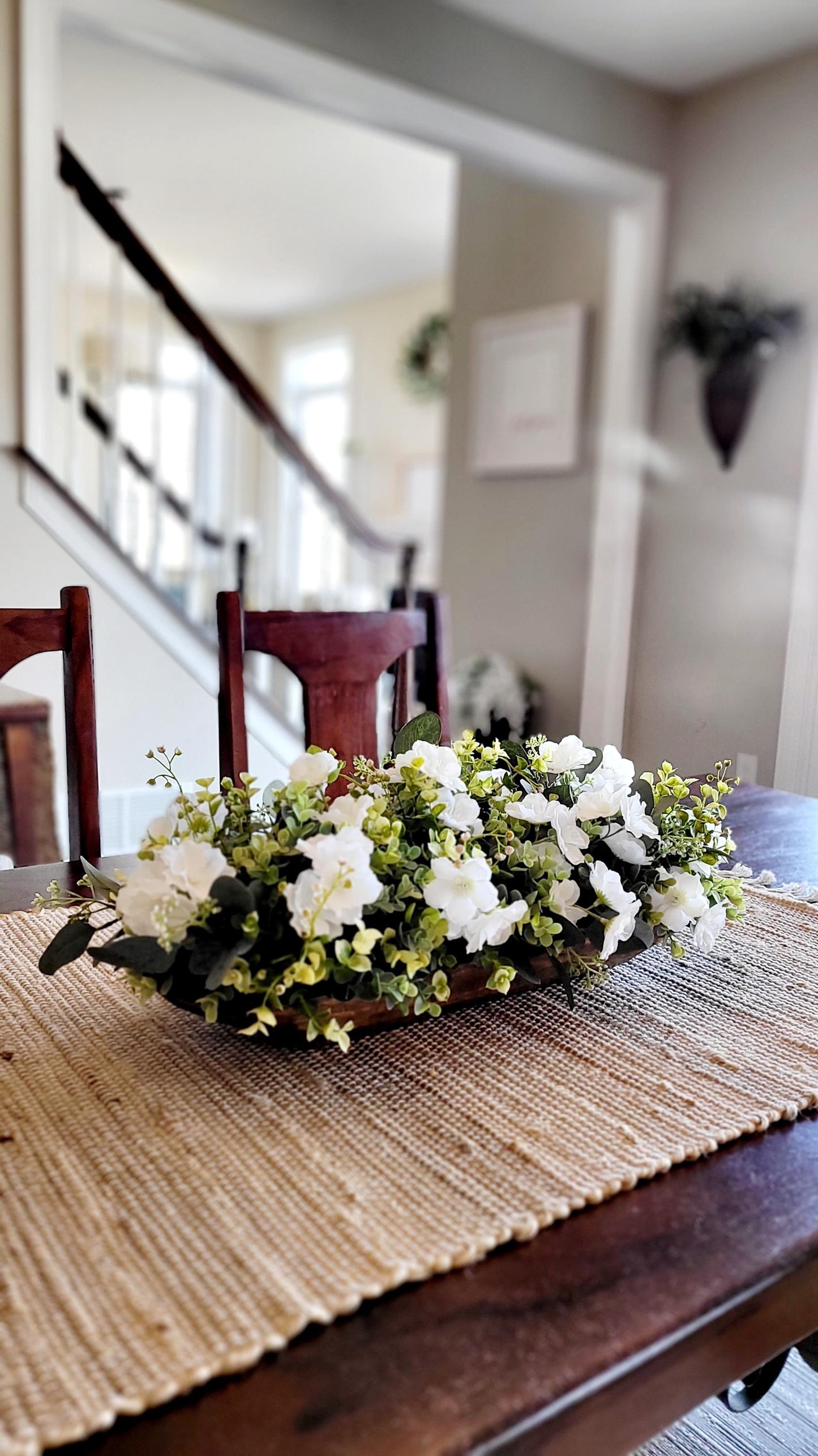 White Floral Arrangement Wooden Dough Bowl Farmhouse Table Centerpiece Rustic Home Decor Artificial Flower Display Country Style Design Dining Table Decoration Coffee Table Accent Kitchen Table Styling Year Round Interior Piece Traditional