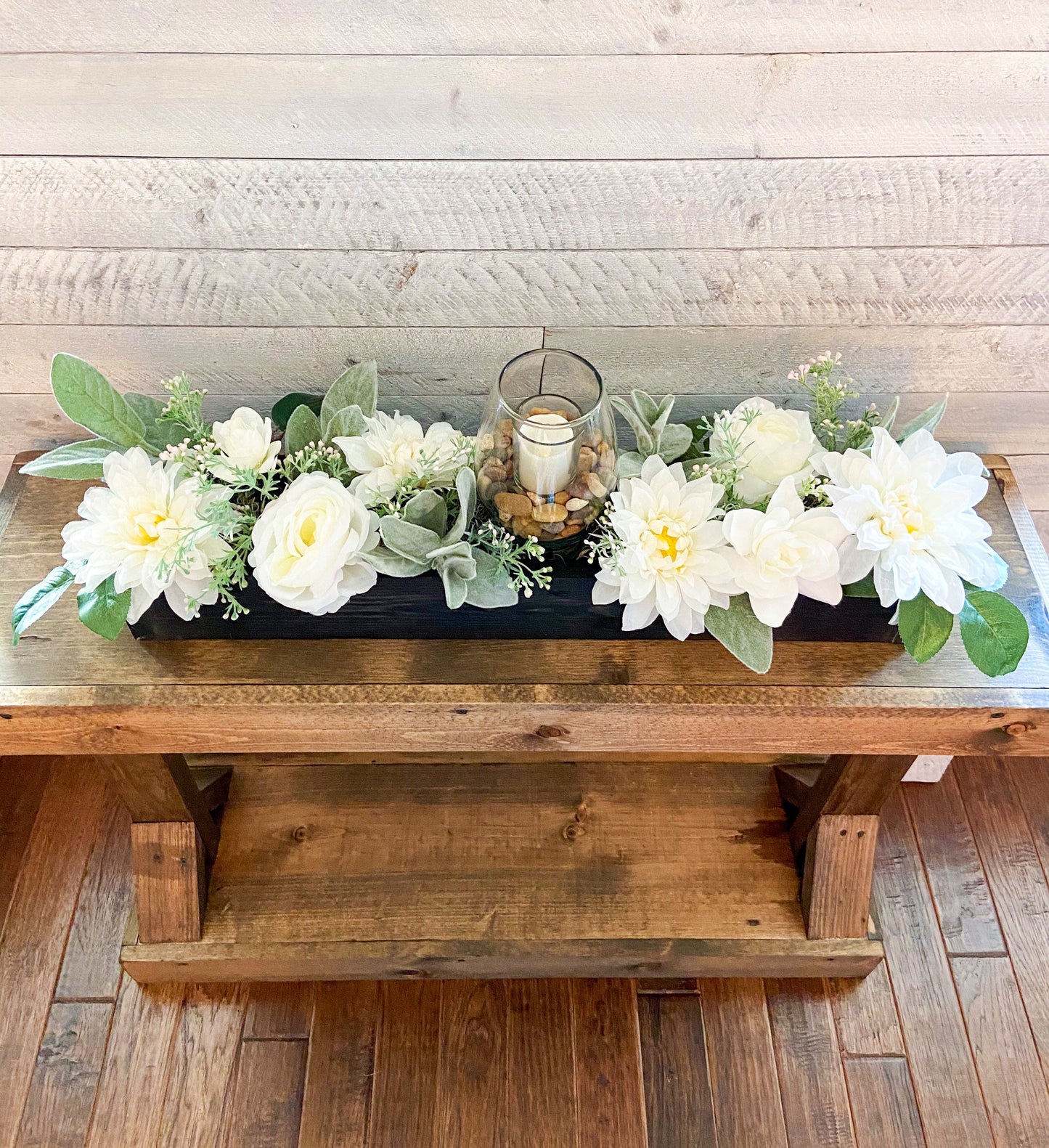 Farmhouse style long 25” Spring table arrangement in wood planter box candle centerpiece in wood box mantle centerpiece wood planter box