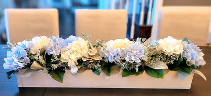 Blue Hydrangea Centerpiece – Long Wood Box Rustic Farmhouse Table Display