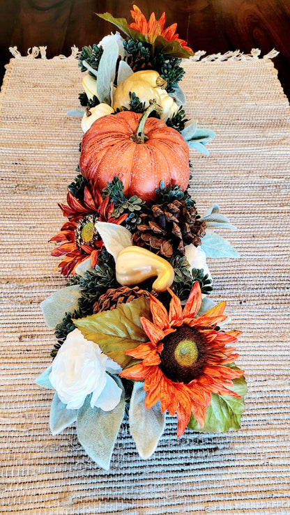 Fall Pumpkins Arrangement in 25” long wood planter box fall centerpiece in wood box fall flowers for mantle in wooden planter box