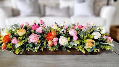 Spring Season Centerpiece Faux Peony Arrangement Wooden Dough Bowl Display Easter Celebration Decoration Colorful Floral Collection Silk Flower Design Handcrafted Table Accent Artificial Bloom Display Spring Home Essential Beautiful