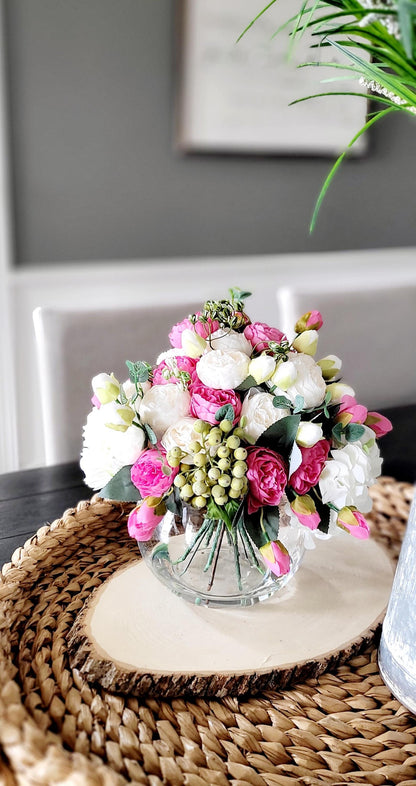 Silk Flower Centerpiece – Blue White Hydrangea Peony Glass Vase