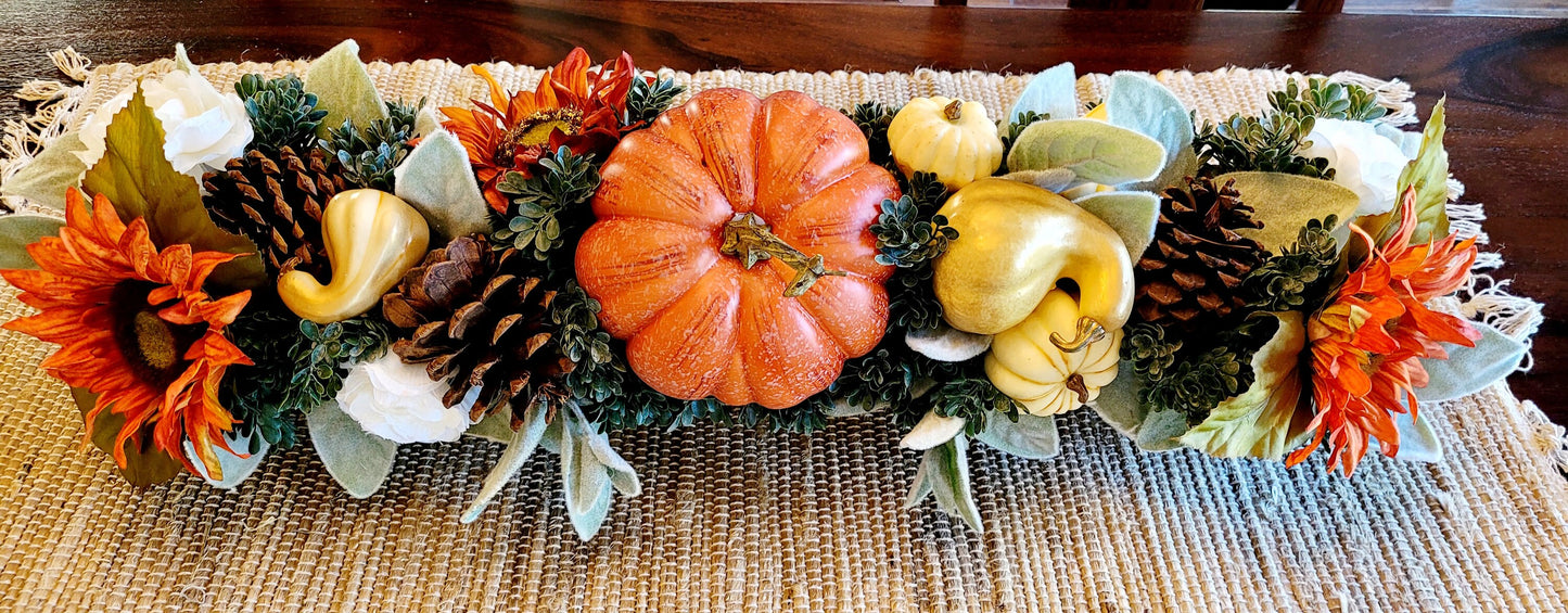 Fall Pumpkins Arrangement in 25” long wood planter box fall centerpiece in wood box fall flowers for mantle in wooden planter box