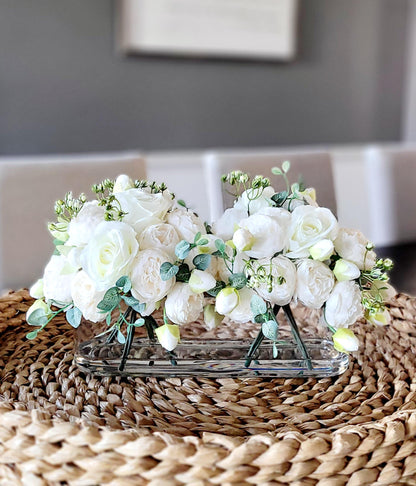 Artificial Rose Arrangement – Elegant Silk Peony Blooms in Modern Glass Vase