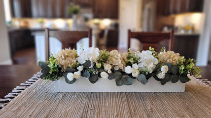 Farmhouse Table Centerpiece – Silk Hydrangea Arrangement in Wooden Box