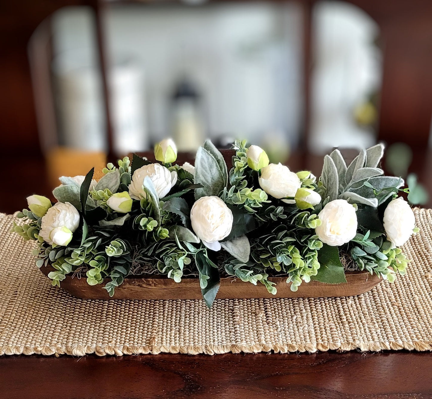 Dough Bowl Farmhouse Arrangement Dining Table Peony Arrangement Hand-Carved Dough Bowl Table Arrangement Dough Bowl Centerpiece Peony Flower