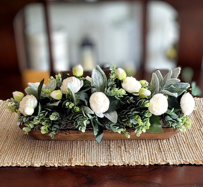 Dough Bowl Farmhouse Arrangement Dining Table Peony Arrangement Hand-Carved Dough Bowl Table Arrangement Dough Bowl Centerpiece Peony Flower