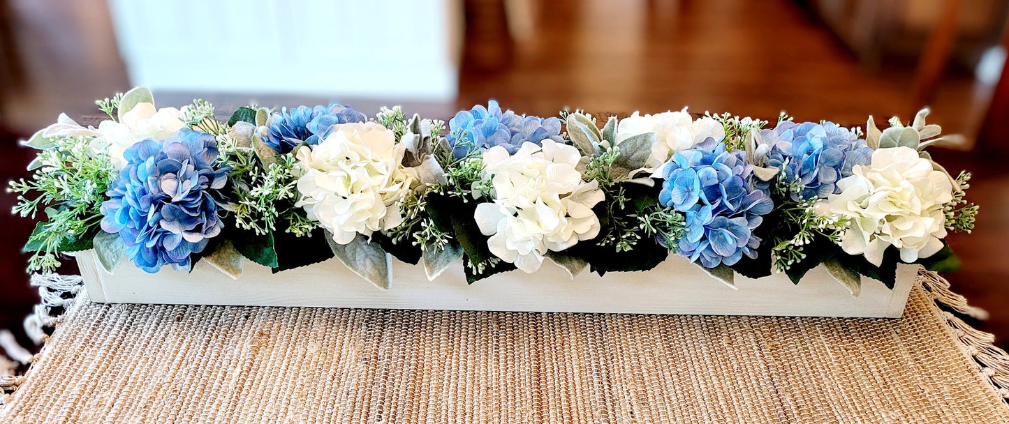 Blue Hydrangea Centerpiece – Long Wood Box Rustic Farmhouse Table Display