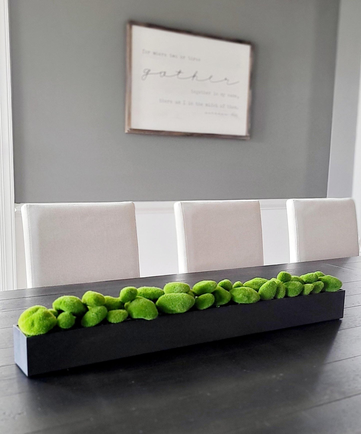 Faux Moss Arrangement Modern Table Centerpiece Long Narrow Box Display Contemporary Home Accent Realistic Green Elements Perfect Dining Room Decoration Stylish Tabletop Design Natural Looking Greenery Indoor Decor Piece Elegant Mantle