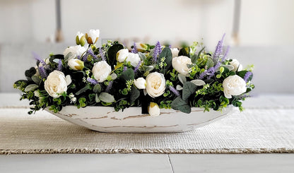 Kitchen Table Centerpiece Lavender Dough Bowl Arrangement Rustic Farmhouse Dining Room Display Hand Carved Wood Bowl Spring Home Styling Silk Faux Lavender Flowers Artificial Peonies Eucalyptus Greenery Perfect Gift Mom Hostess Present