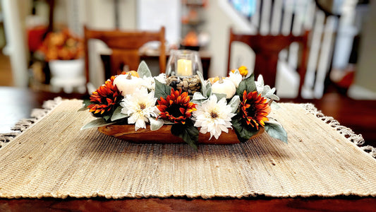Fall Dining Room Arrangement Fall Fake Flower Sunflower Centerpiece Orange Sunflower Dough Bowl Arrangement Fall Candle Holder Centerpiece