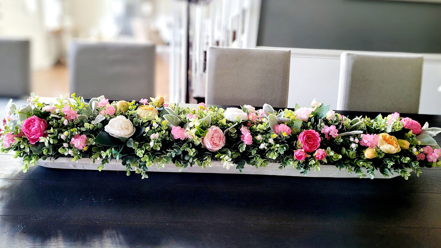 Dough Bowl Centerpiece – Handcarved Farmhouse Arrangement with Cream Peonies