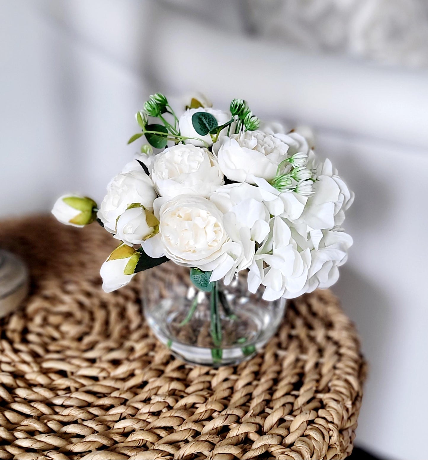 Silk Peony Arrangement – Glass Vase Realistic Spring Centerpiece