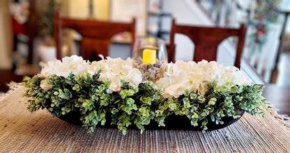 Rustic Table Centerpiece – Black Dough Bowl with Blue Hydrangeas and Candle