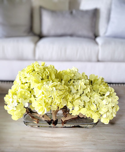 Artificial Hydrangea Arrangement French Country Design Glass Vase Centerpiece Dining Table Decor Realistic Silk Flowers Beautiful Floral Display Elegant Home Accent Modern Vase Style Quality Crafted Details Lifelike Bloom Appearance