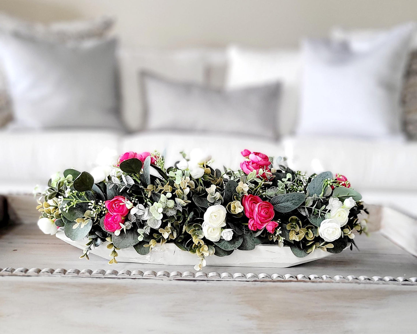 Dough Bowl Dining Table Arrangement Rose arrangement kitchen table decor Farmhouse Arrangement greenery arrangement Pink Floral Arrangement