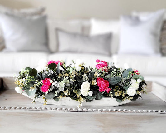 Dough Bowl Dining Table Arrangement Rose arrangement kitchen table decor Farmhouse Arrangement greenery arrangement Pink Floral Arrangement