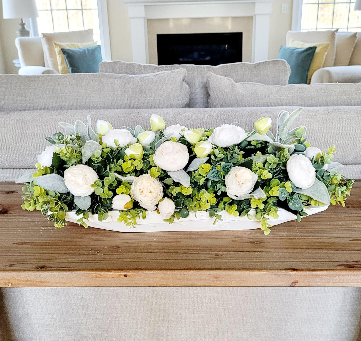 White Floral Centerpiece – Farmhouse Shabby Chic Dining Table Arrangement