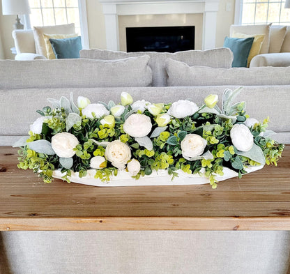 White Floral Centerpiece – Farmhouse Shabby Chic Dining Table Arrangement