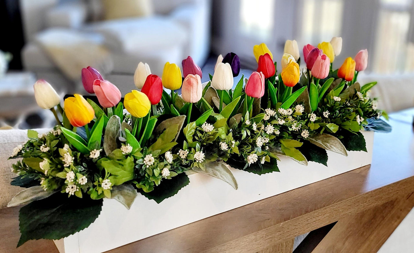 Farmhouse Tulip Centerpiece – Realistic Spring Flowers in Wooden Box